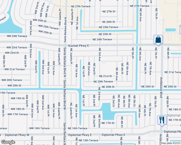map of restaurants, bars, coffee shops, grocery stores, and more near 2111 Northeast 2nd Avenue in Cape Coral