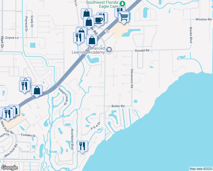 map of restaurants, bars, coffee shops, grocery stores, and more near 7380 Coon Road in North Fort Myers