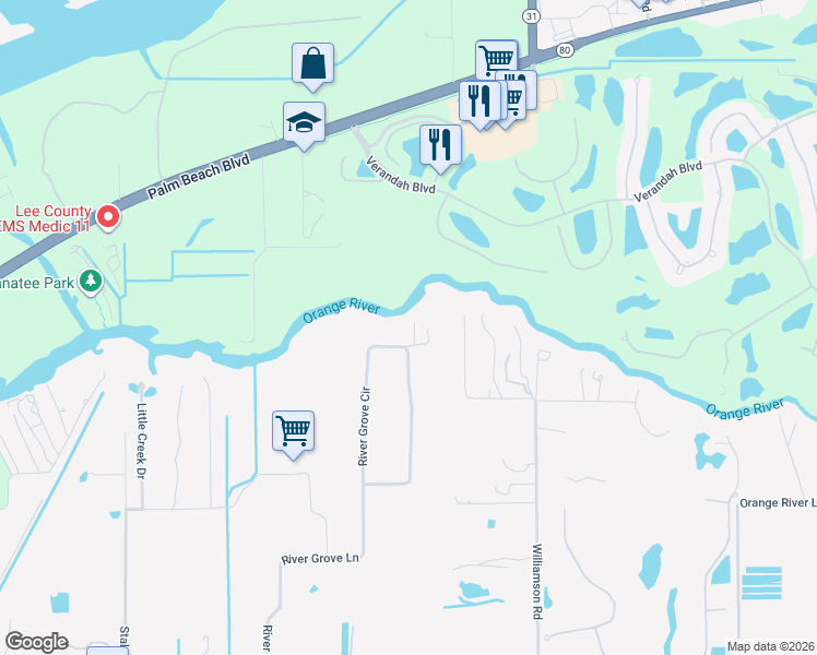 map of restaurants, bars, coffee shops, grocery stores, and more near 3168 River Grove Circle in Fort Myers