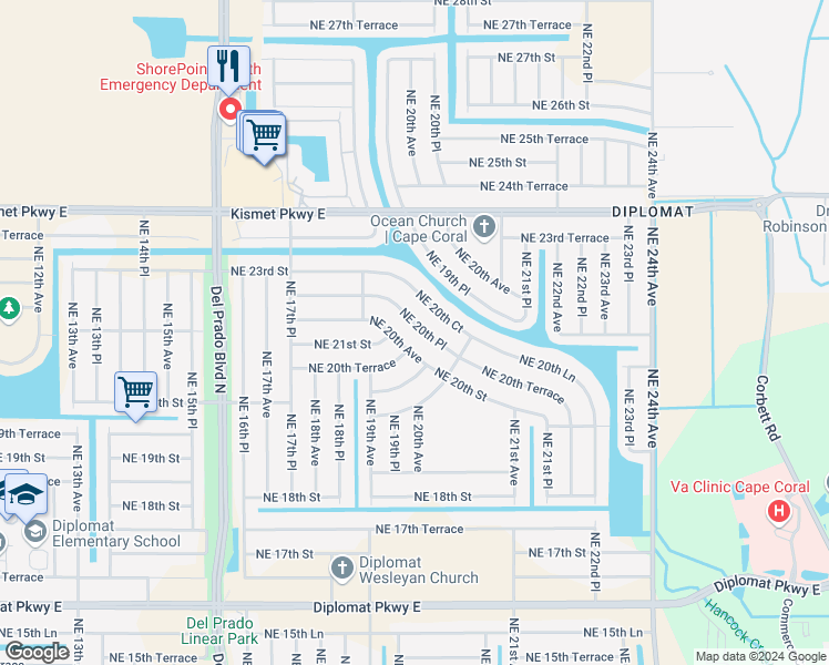map of restaurants, bars, coffee shops, grocery stores, and more near 1920 Northeast 20th Place in Cape Coral