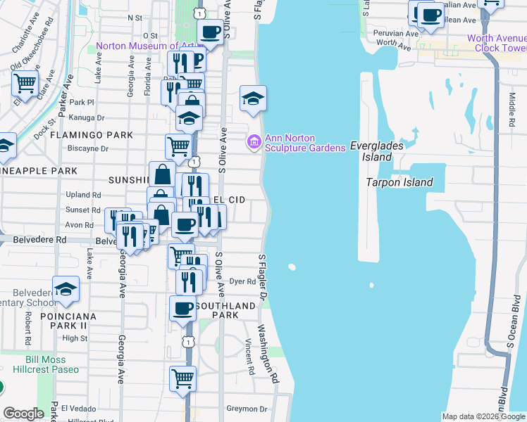 map of restaurants, bars, coffee shops, grocery stores, and more near 196 Valencia Road in West Palm Beach