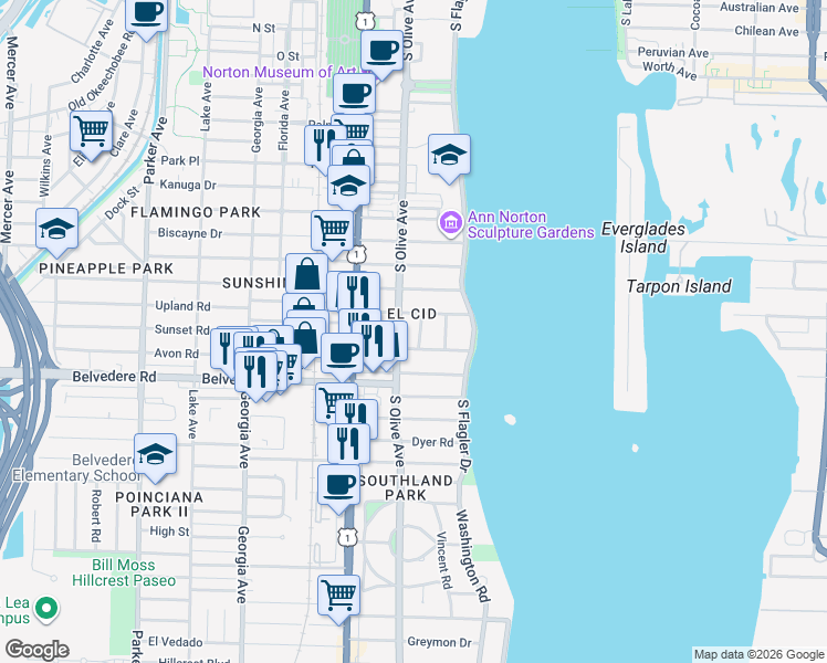 map of restaurants, bars, coffee shops, grocery stores, and more near in West Palm Beach