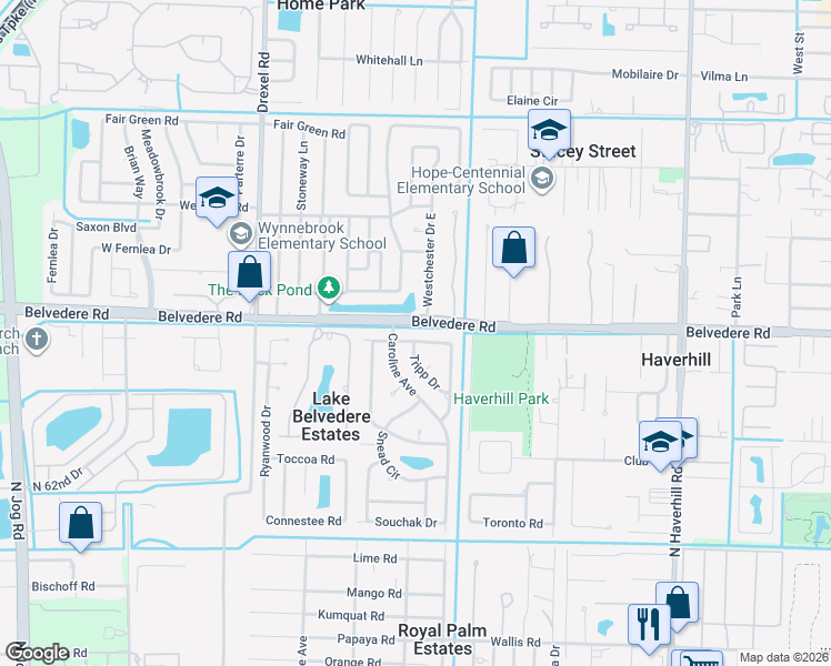 map of restaurants, bars, coffee shops, grocery stores, and more near 1031 Westchester Drive East in West Palm Beach