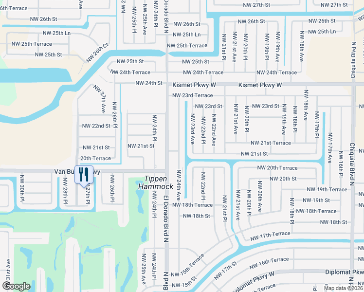 map of restaurants, bars, coffee shops, grocery stores, and more near 2115 Northwest 24th Avenue in Cape Coral