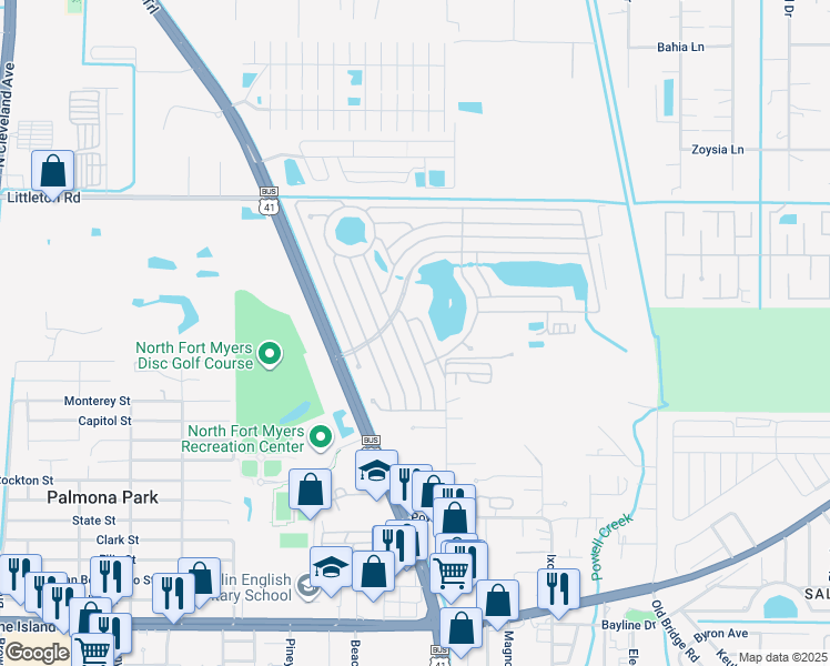 map of restaurants, bars, coffee shops, grocery stores, and more near 66 Jose Gaspar Drive in North Fort Myers