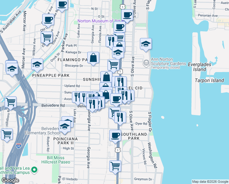 map of restaurants, bars, coffee shops, grocery stores, and more near 411 Westwood Road in West Palm Beach