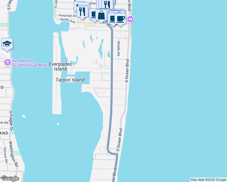 map of restaurants, bars, coffee shops, grocery stores, and more near 150 El Vedado Road in Palm Beach