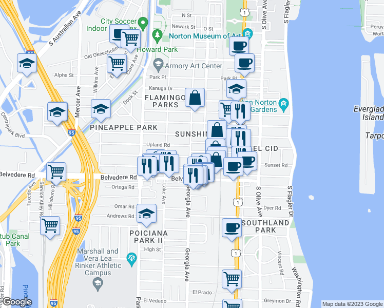 map of restaurants, bars, coffee shops, grocery stores, and more near 623 Westwood Road in West Palm Beach