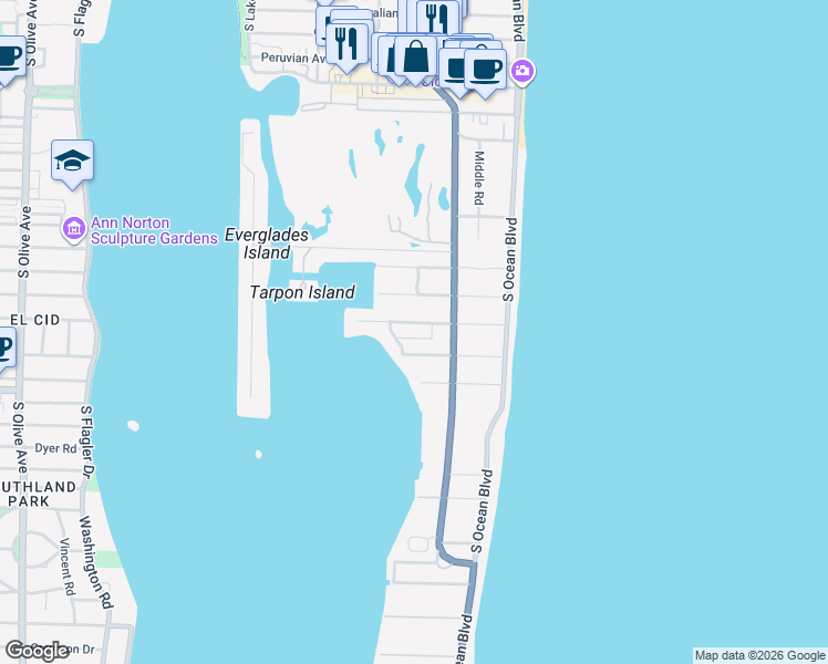 map of restaurants, bars, coffee shops, grocery stores, and more near 220 El Vedado Road in Palm Beach