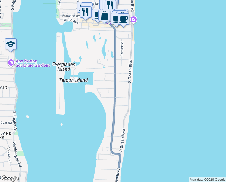 map of restaurants, bars, coffee shops, grocery stores, and more near 150 El Vedado Road in Palm Beach