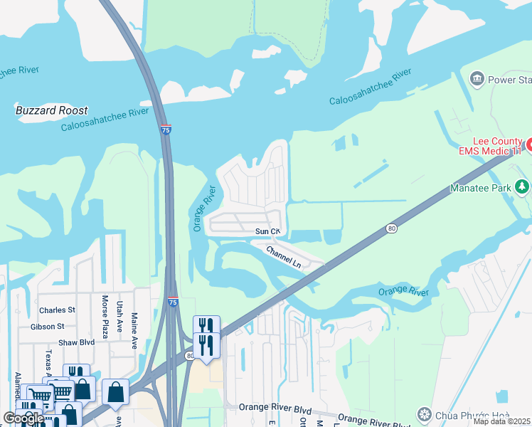 map of restaurants, bars, coffee shops, grocery stores, and more near 79 Sun Circle in Fort Myers