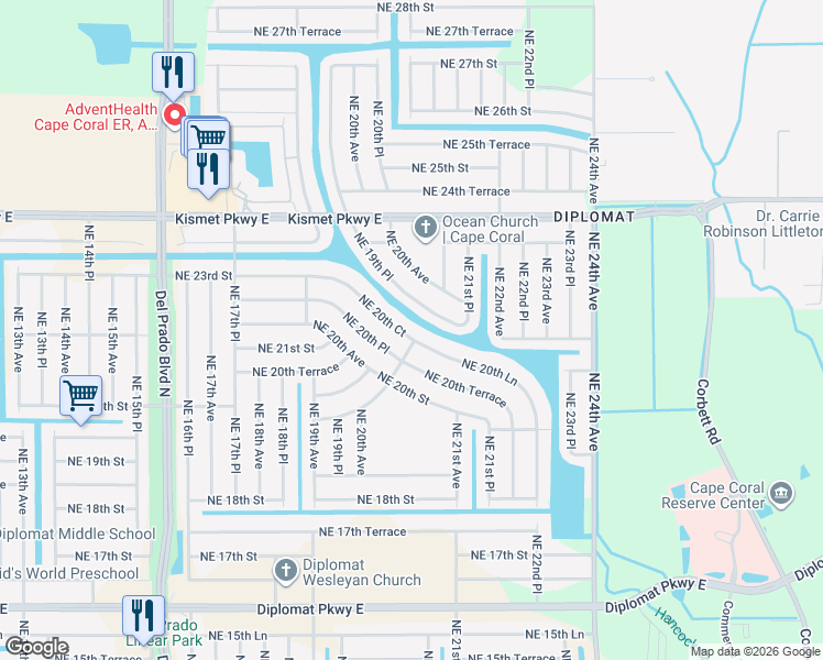 map of restaurants, bars, coffee shops, grocery stores, and more near 2126 Northeast 19th Place in Cape Coral