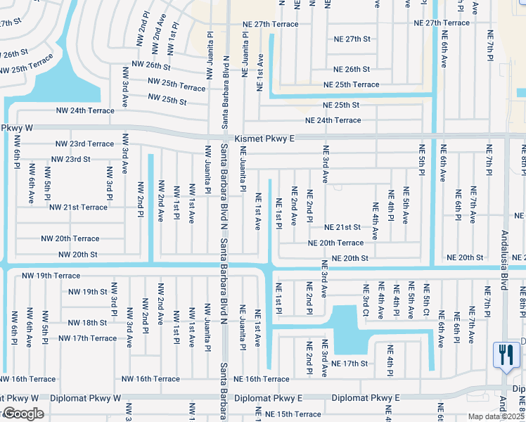 map of restaurants, bars, coffee shops, grocery stores, and more near 2121 Northeast 1st Avenue in Cape Coral