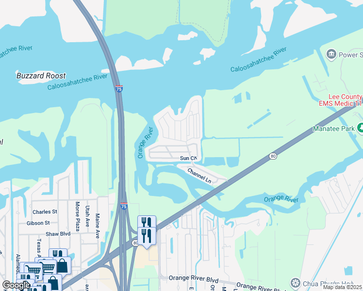 map of restaurants, bars, coffee shops, grocery stores, and more near 198 Sun Circle in Fort Myers