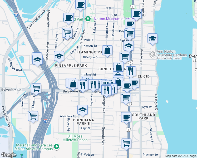 map of restaurants, bars, coffee shops, grocery stores, and more near 727 Sunset Road in West Palm Beach