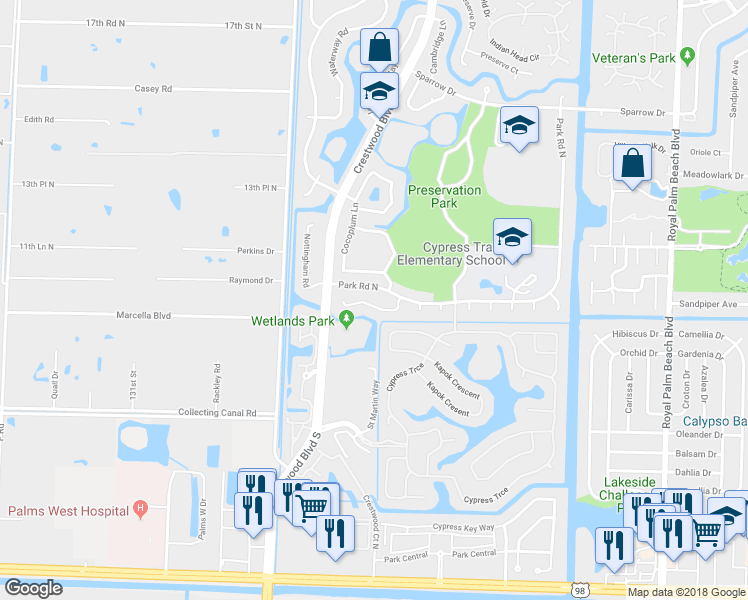 map of restaurants, bars, coffee shops, grocery stores, and more near 111 Sycamore Drive in Royal Palm Beach