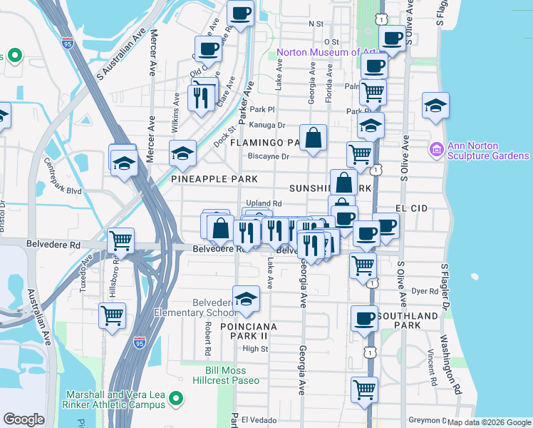 map of restaurants, bars, coffee shops, grocery stores, and more near 811 Sunset Road in West Palm Beach