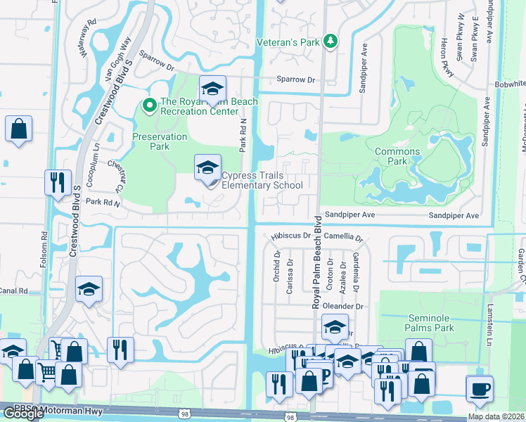 map of restaurants, bars, coffee shops, grocery stores, and more near 101 West Greenway Drive in Royal Palm Beach