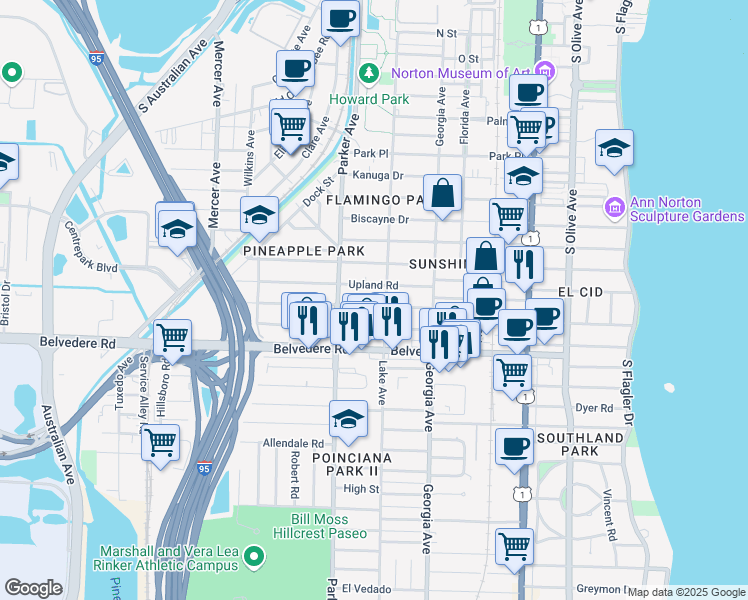 map of restaurants, bars, coffee shops, grocery stores, and more near 811 Sunset Road in West Palm Beach