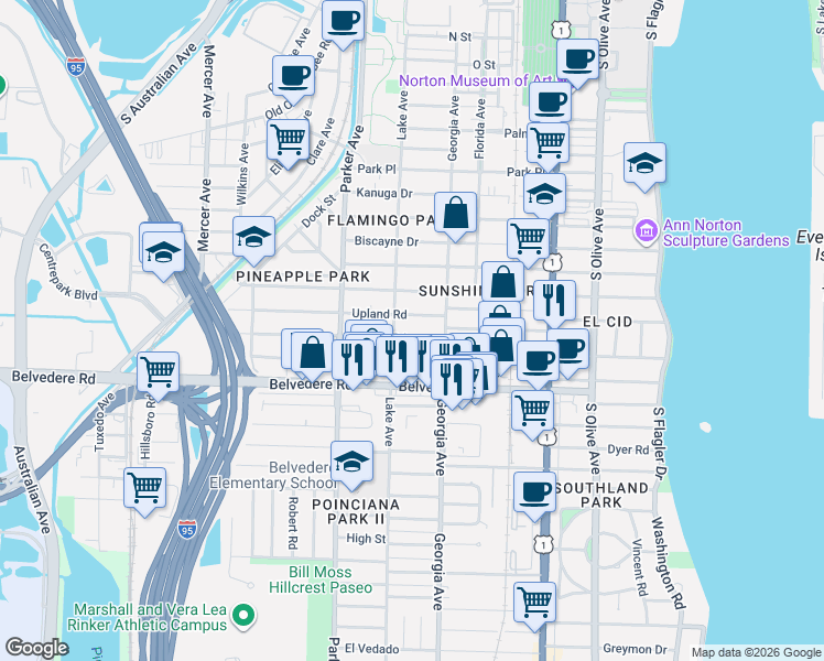 map of restaurants, bars, coffee shops, grocery stores, and more near 727 Sunset Road in West Palm Beach