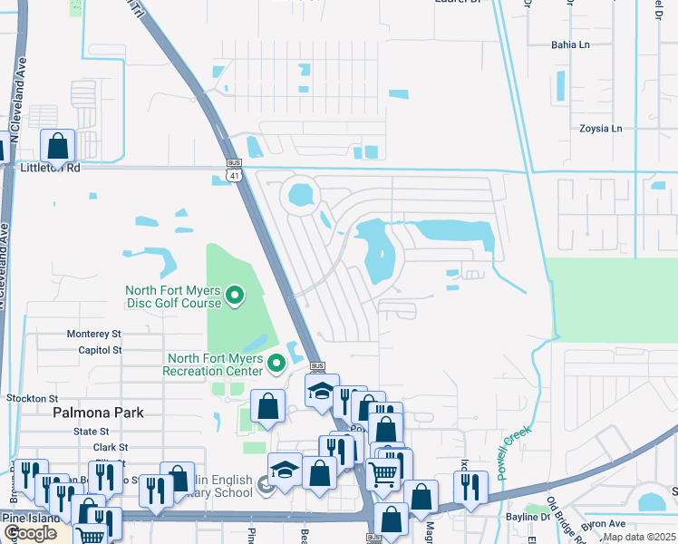 map of restaurants, bars, coffee shops, grocery stores, and more near 66 Jose Gaspar Drive in North Fort Myers