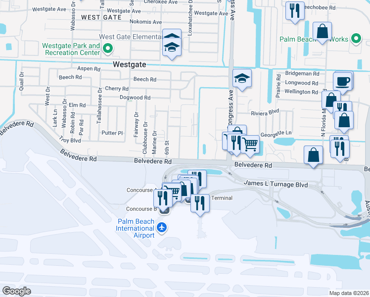 map of restaurants, bars, coffee shops, grocery stores, and more near 5058 5th Street in West Palm Beach