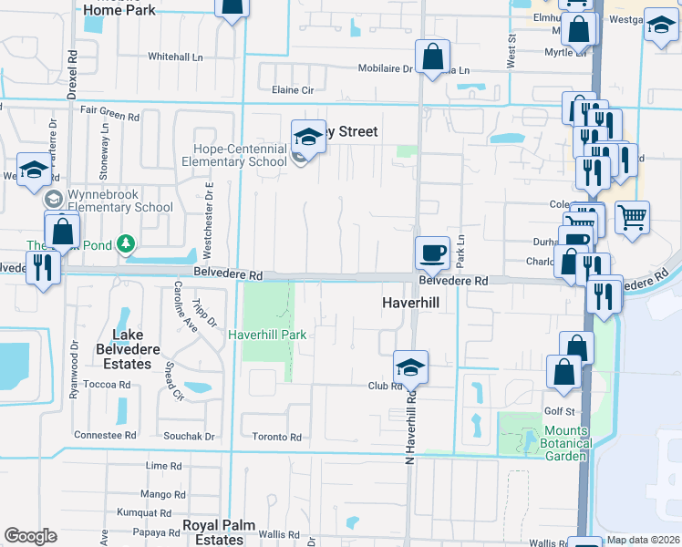 map of restaurants, bars, coffee shops, grocery stores, and more near 5219 Belvedere Road in Haverhill