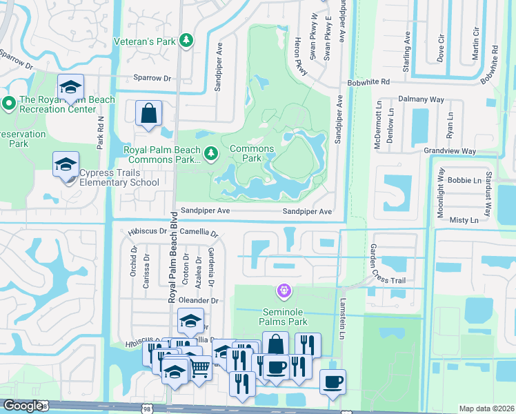 map of restaurants, bars, coffee shops, grocery stores, and more near 143 Sandpiper Avenue in Royal Palm Beach