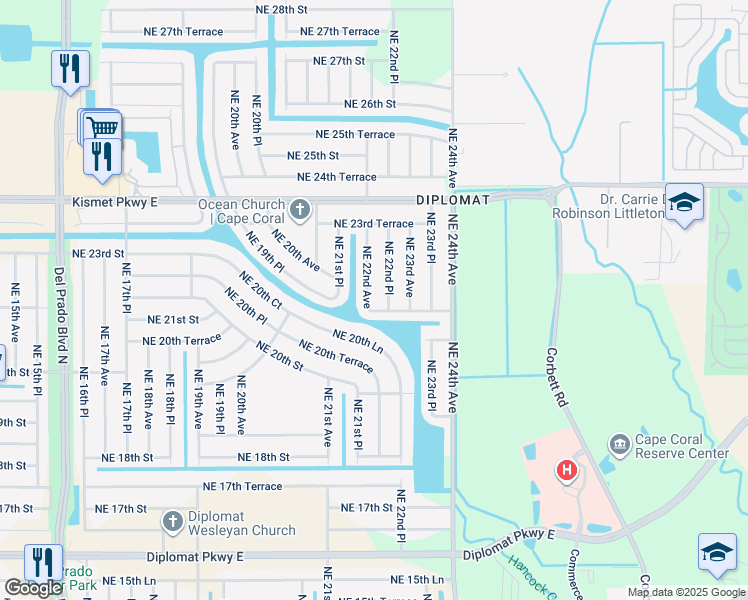 map of restaurants, bars, coffee shops, grocery stores, and more near 2107 Northeast 22nd Avenue in Cape Coral