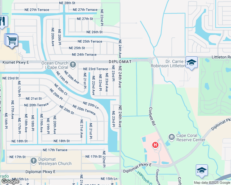 map of restaurants, bars, coffee shops, grocery stores, and more near 2105 Northeast 23rd Place in Cape Coral