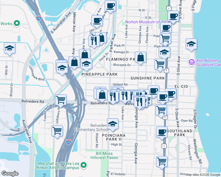 map of restaurants, bars, coffee shops, grocery stores, and more near in West Palm Beach