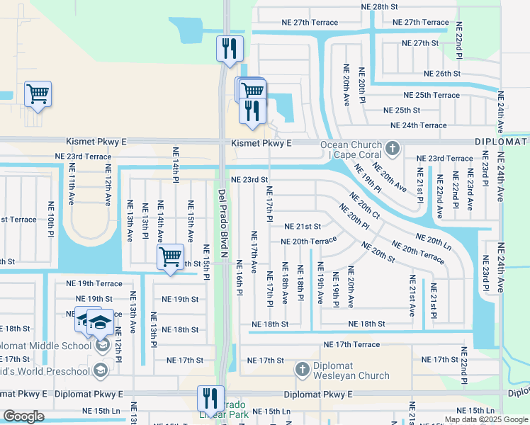 map of restaurants, bars, coffee shops, grocery stores, and more near 2114 Northeast 17th Place in Cape Coral