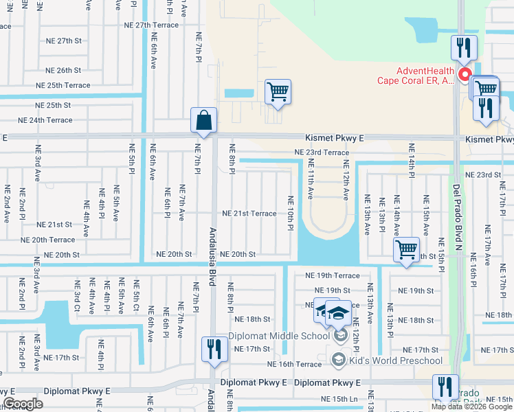 map of restaurants, bars, coffee shops, grocery stores, and more near 2120 Northeast 9th Place in Cape Coral
