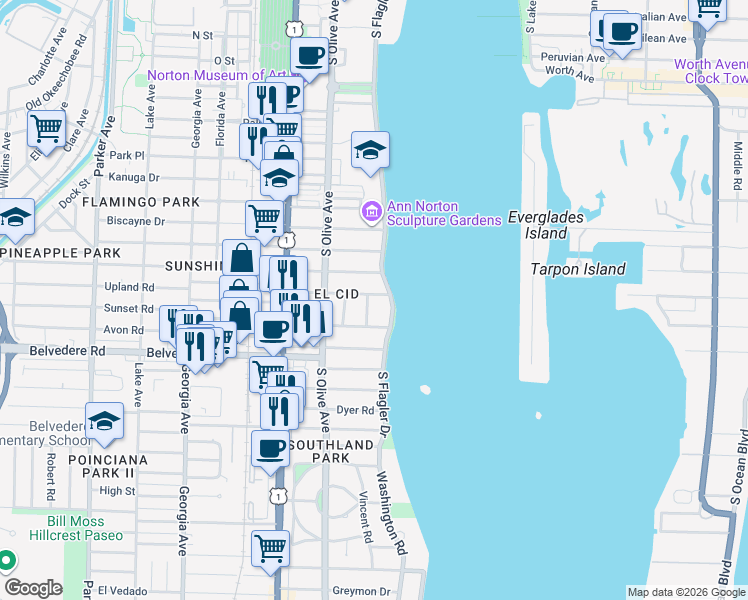 map of restaurants, bars, coffee shops, grocery stores, and more near 196 Valencia Road in West Palm Beach