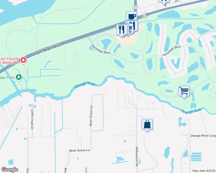 map of restaurants, bars, coffee shops, grocery stores, and more near 3168 River Grove Circle in Fort Myers