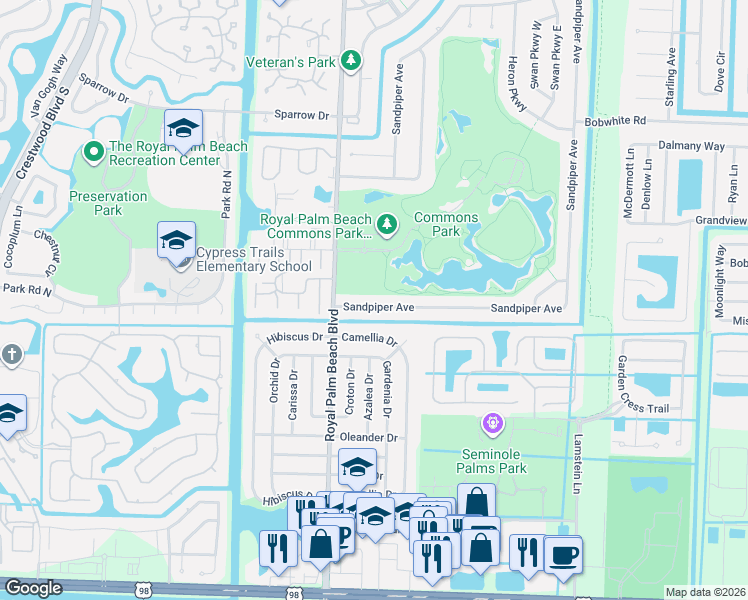 map of restaurants, bars, coffee shops, grocery stores, and more near 117 Sandpiper Avenue in Royal Palm Beach