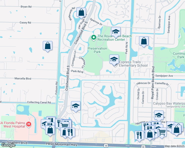 map of restaurants, bars, coffee shops, grocery stores, and more near 231 Park Road North in Royal Palm Beach