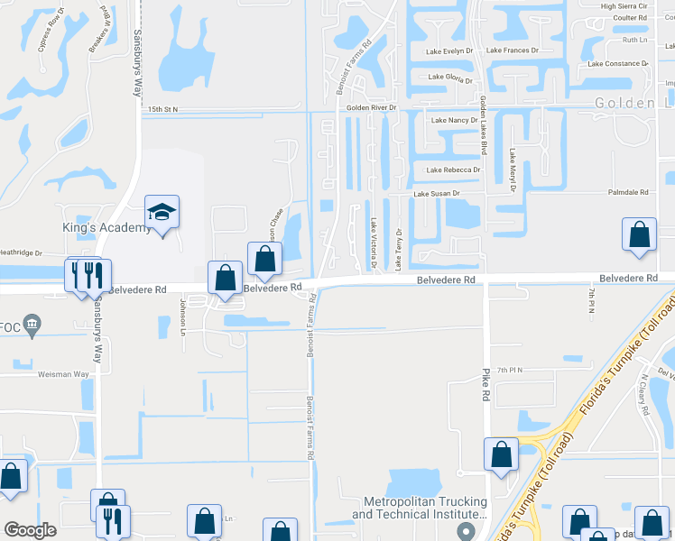 map of restaurants, bars, coffee shops, grocery stores, and more near Belvedere Road in West Palm Beach