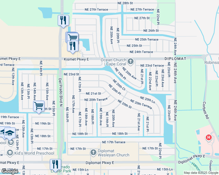 map of restaurants, bars, coffee shops, grocery stores, and more near 1910 Northeast 20th Place in Cape Coral