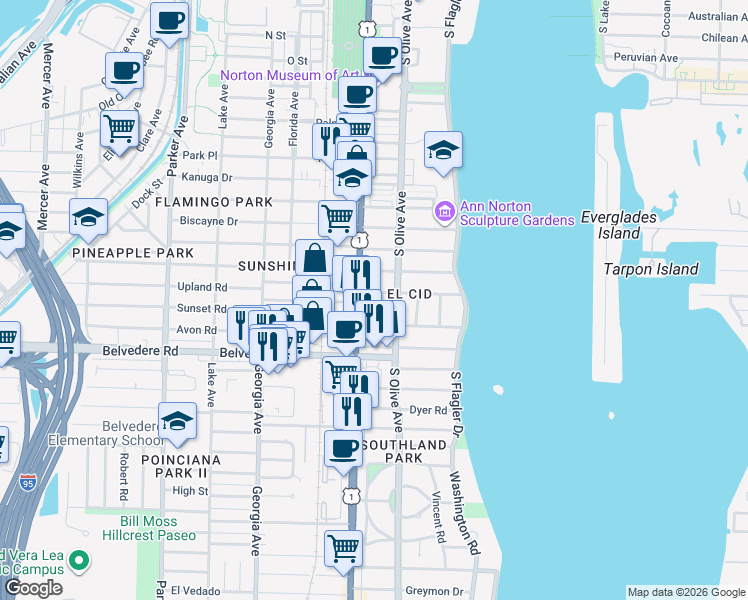 map of restaurants, bars, coffee shops, grocery stores, and more near 322 Valencia Road in West Palm Beach