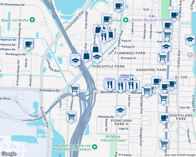 map of restaurants, bars, coffee shops, grocery stores, and more near 1031 Sunset Road in West Palm Beach
