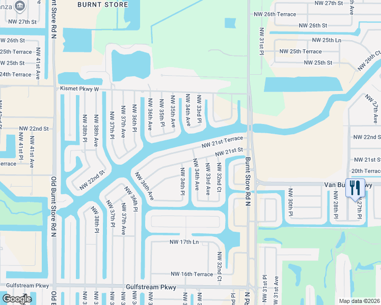 map of restaurants, bars, coffee shops, grocery stores, and more near 3400 Northwest 21st Terrace in Cape Coral