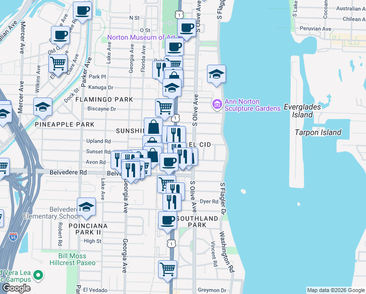 map of restaurants, bars, coffee shops, grocery stores, and more near 322 Valencia Road in West Palm Beach