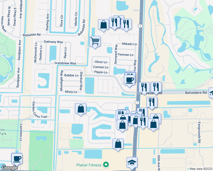 map of restaurants, bars, coffee shops, grocery stores, and more near 1095 Sonata Way in Royal Palm Beach