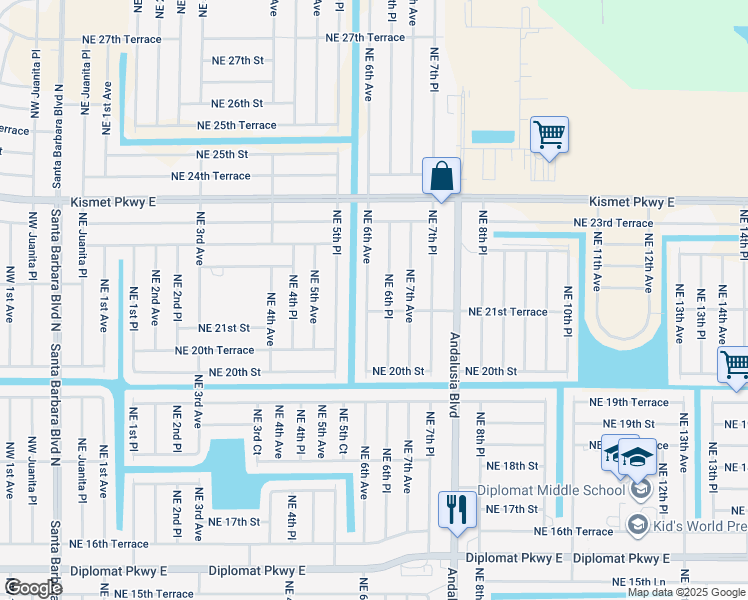 map of restaurants, bars, coffee shops, grocery stores, and more near 2114 Northeast 6th Place in Cape Coral