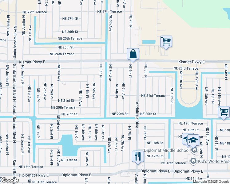 map of restaurants, bars, coffee shops, grocery stores, and more near 2114 Northeast 6th Place in Cape Coral