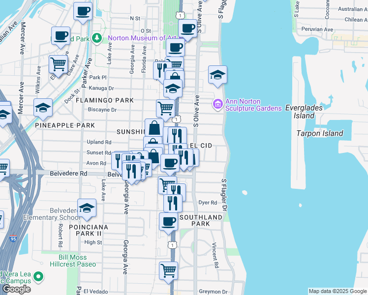 map of restaurants, bars, coffee shops, grocery stores, and more near 322 Valencia Road in West Palm Beach
