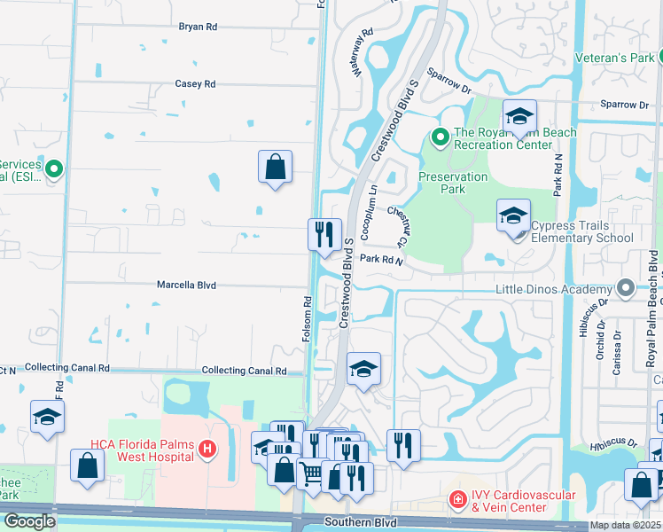 map of restaurants, bars, coffee shops, grocery stores, and more near 105 Nottingham Road in Royal Palm Beach