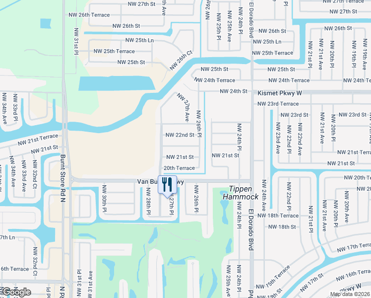 map of restaurants, bars, coffee shops, grocery stores, and more near 2704 Northwest 21st Terrace in Cape Coral