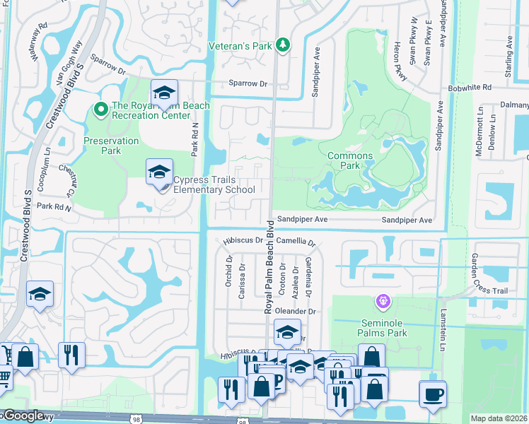 map of restaurants, bars, coffee shops, grocery stores, and more near 12017 Greenway Circle South in Royal Palm Beach